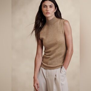 BANANA REPUBLIC EXTRA FINE MERINO WOOL NEZHA SWEATER SHELL MOCK NECK TOP Brown L